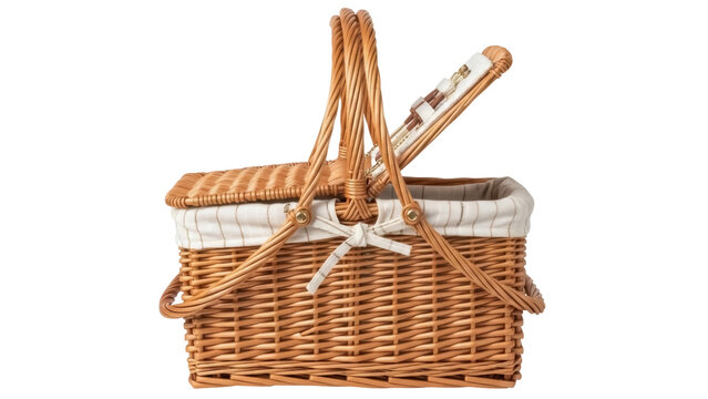 Isolated picnic basket with open lid and striped fabric liner, woven wicker and double handle