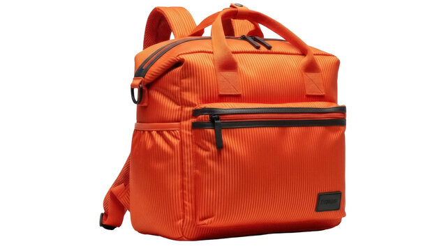 Isolated orange vertical corduroy backpack, top handles, shoulder straps and front pocket