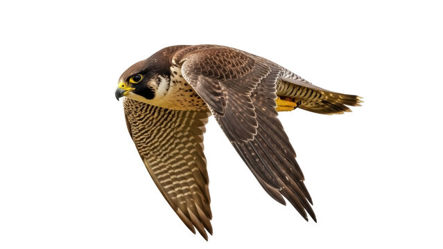 Isolated Peregrine falcon in flight profile, a bird of prey with beautiful plumage feathers