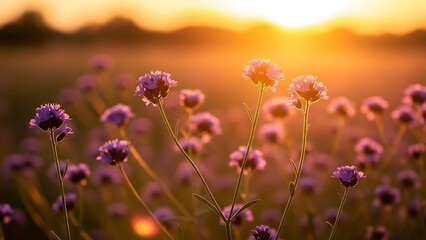 Wild purple flowers blooming in a field at golden hour sunset