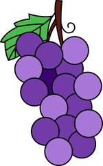 Bunch of grapes. Set of leaves, bunch of grapes in simple flat style. Bunch of purple grapes with stem and leaf. Cartoon style. 