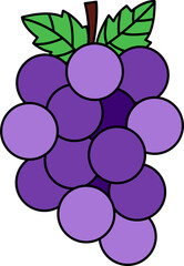 Bunch of grapes. Set of leaves, bunch of grapes in simple flat style. Bunch of purple grapes with stem and leaf. Cartoon style. 