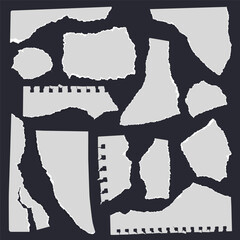 Set of irregular torn paper fragments with rough edges. Abstract ripped paper shapes suitable for collage design, scrapbooking, posters, banners, mockups, and creative layouts.