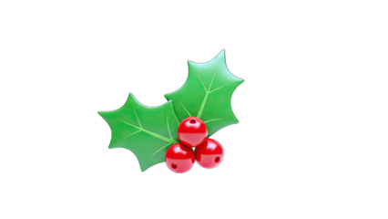 3D Holly Berries and Leaves on White Background