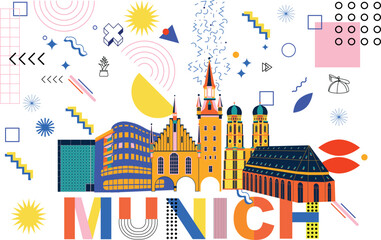 Naklejka premium Typography word “Munich” branding technology concept. Collection of flat vector web icons. Culture travel set, Memphis famous architectures, specialties detailed silhouette. German famous landmark