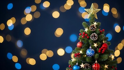 A festive christmas tree decorated with golden star and colorful baubles on bokeh background