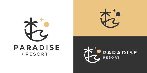 Obraz premium Creative simple paradise resort logo template. Tropical island logo design vector illustration.