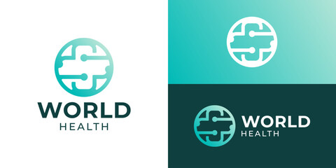 Creative world health logo template. Global health tech logo design vector illustration.
