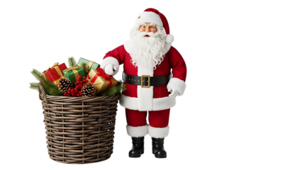 Santa Claus with a basket of Christmas gifts and pine cones