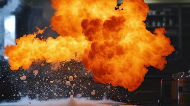 Chemical reaction leads to a large fire explosion in a laboratory environment, the ignition of a fire from chemicals with a large release of heat