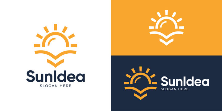 Creative simple sun idea logo template. Abstract lightbulb lamp with sun rise logo design vector illustration.