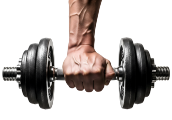 Closeup Strong hand gripping a heavy dumbbell isolated on transparent background