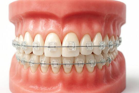 Dental model with clear ceramic braces on upper and lower teeth