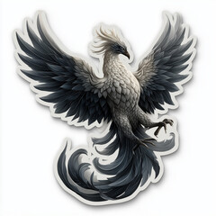 Obraz premium a sticker of an elegant phoenix design, vector art, white background, black and gray color palette, fantasy-inspired artwork, white border on all sides, die-cut sticker with no busy edge