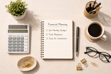 Overhead view of a desk with a notebook detailing financial planning steps, calculator, coffee, and various office supplies.