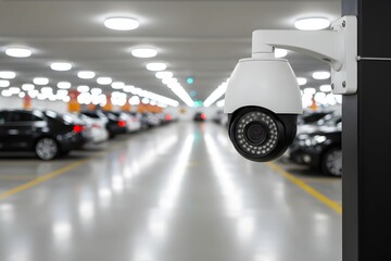 A security camera monitors rows of cars parked in a well-lit indoor parking garage with yellow lines.