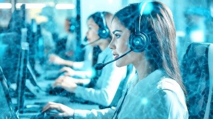 Professionals engaged in data processing and communication at a call center with a digital network overlay, network of connections and data processing over globe - Powered by Adobe