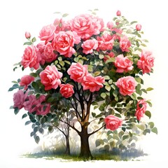 Rose tree blooms with vibrant pink flowers in watercolor style