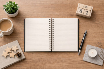 Top-down view of a wooden desk with an open notebook, coffee, plant, calendar, and candle, ready for planning or journaling.