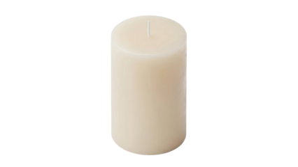 Clean, unlit, creamy white pillar candle with a visible wick centered against a solid black background in a studio setting, emphasizing simplicity and purity.