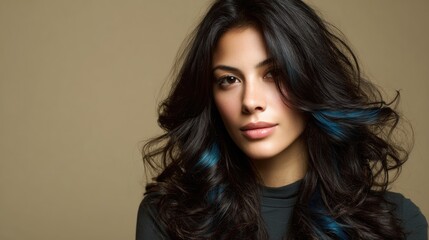 Close-up of a Middle Eastern woman with dark brown hair featuring electric blue highlights, olive glowing skin