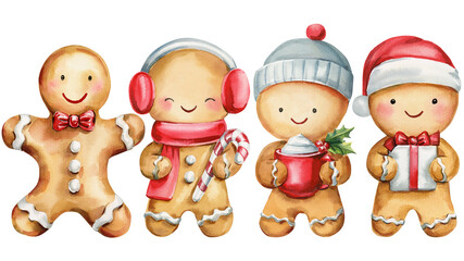 Gingerbread cookies watercolor set cute Christmas characters with scarf hat candy cane and gift for holiday cards and kids decor