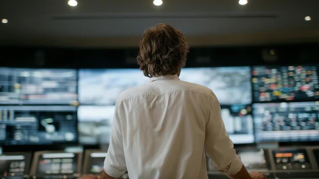 A systems engineer standing in front of a massive control wall filled with live data streams, adjusting parameters as glowing dashboards update in real time &mdash; precision oversight, high-tech