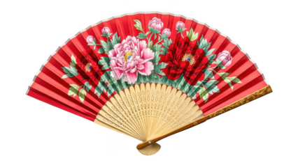 Vibrant red hand fan with floral design and gold accents isolated on transparent background tshirt design