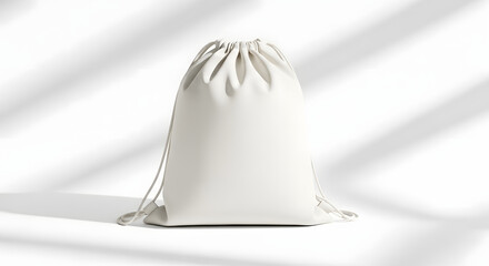 Minimalist Drawstring Pouch Bag Isolated on White Background with Soft Shadows for Modern Lifestyle and Fashion Branding Use