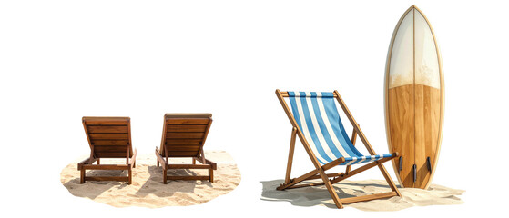 A summer beach set consisting of a sun umbrella, chairs, and a table is placed on a tropical sandy beach by the sea against a white background