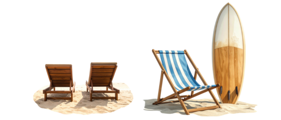 A summer beach set consisting of a sun umbrella, chairs, and a table is placed on a tropical sandy beach by the sea against a white background