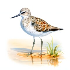 Obraz premium Watercolor painting of a sandpiper wading in shallow water on a sunny day