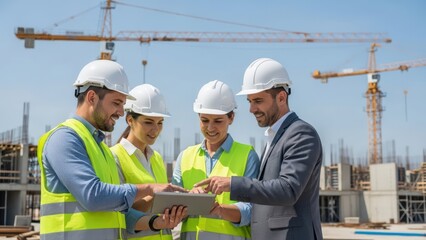 Diverse construction professionals collaboratively discuss modern building project plans using a digital tablet onsite amidst urban development cranes
