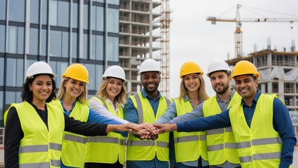 Diverse team of smiling engineers and construction professionals, wearing bright neon safety vests and hard hats, celebrate collaboration on a dynamic urban development site
