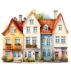 Fototapeta premium Charming watercolor houses painted in bright pastel colors in a row on white background