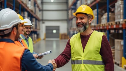 Smiling bearded middle-aged man wearing a yellow safety helmet and high-visibility vest shakes hands with diverse colleagues in a bustling warehouse, symbolizing partnership and teamwork