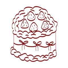 Drawing of a cake with strawberries on top and decorative icing around the sides showing detail