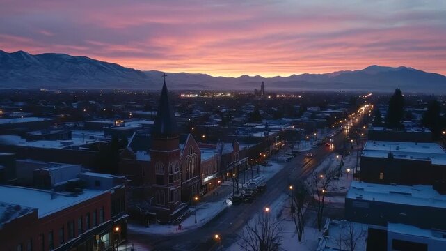 Dusk casts vibrant colors over Provo Utah with snow-covered streets and silhouetted mountains, Dusk over Provo, Utah drone shot