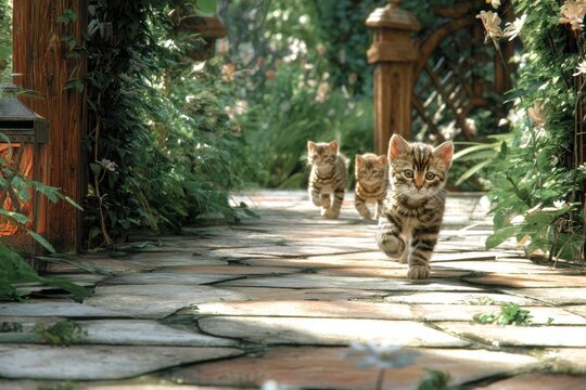 Cats and kittens enjoy whimsical garden in symbolic play scene.
