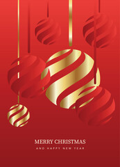 Merry Christmas and Happy New Year Gold and red card.  Merry Christmas  message with dotted golden snowflake decoration on a red gradient background for holiday celebration and greeting card