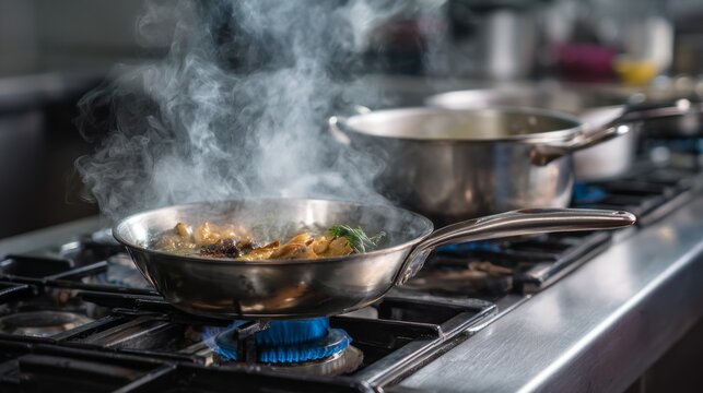 In a bustling kitchen, fresh ingredients sizzle and steam in shiny pots and pans, creating an inviting aroma that fills the air with culinary possibilities