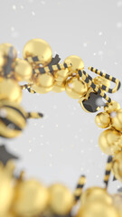 Festive 3D render of a golden Christmas sphere made of striped ornaments and candy canes. Elegant holiday design for New Year, Xmas cards, posters, and seasonal ads. 3d rendering illustration not AI