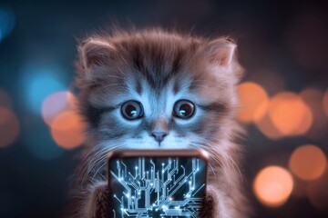 Cute cat holds phone, fearful of darkness. Ai modern ethics. The merging paths of human life and increasingly intelligent systems. Smart tech life. Smartphone fear.