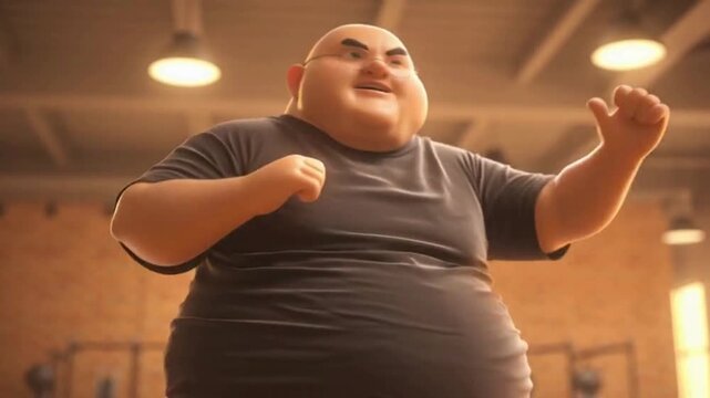 A 3D animated, overweight, bald man in a dark t-shirt, striking a determined pose with clenched fists in a gym-like setting.