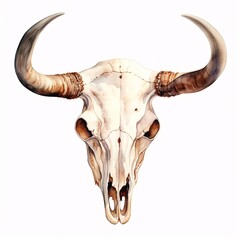 Watercolor painting of a weathered bull skull with large curved horns