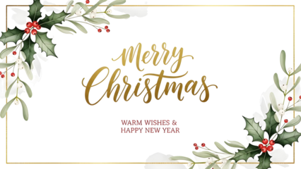Merry Christmas Warm Wishes Happy New Year elegant banner with watercolor holly and gold frame isolated PNG with Transparent Background