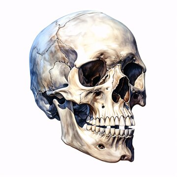 Human skull in profile stands out against a white background