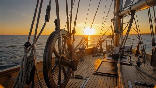 Sailboat deck at sunset with ship&rsquo;s wheel and rigging in golden ocean light