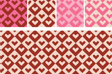 Seamless heart pattern with color variations in pink and red. Romantic geometric background