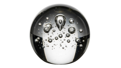 Clear glass orb containing numerous tiny bubbles and one large teardrop shaped bubble illuminated against a stark black background creating a captivating abstract composition.
